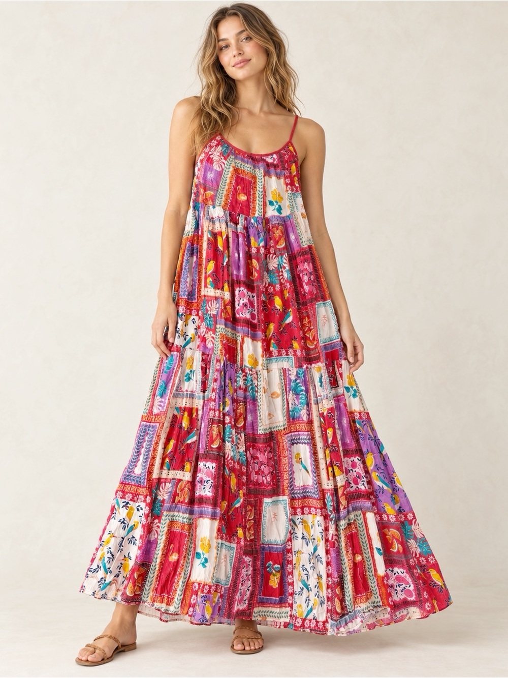 Angie Woman Patchwork Birds Florals Relax Flowy Maxi Dress LARGE Boho Folk